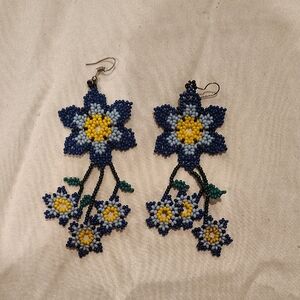 Blue and Yellow Beaded Flower Earrings
